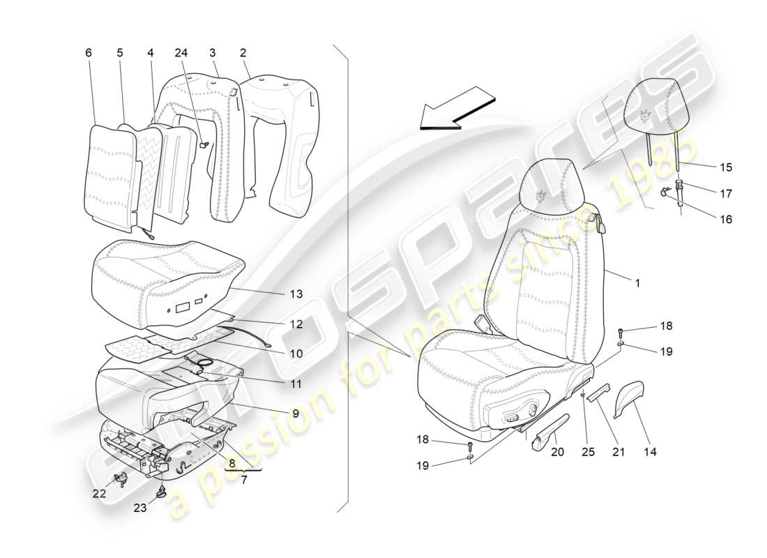 maserati granturismo (2012) vordersitze: verkleidungen ersatzteildiagramm