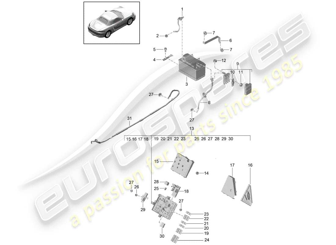 porsche 2020 (718 boxster) batterie teilediagramm