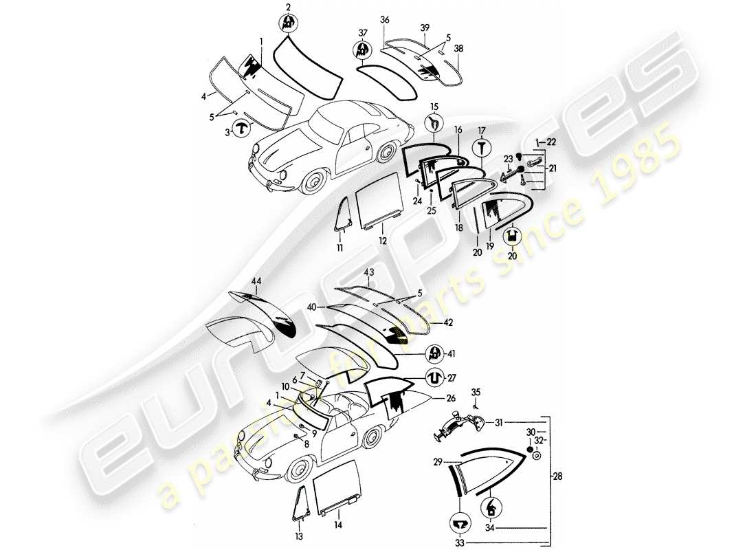 porsche 1962 (356b/356c) fensterverglasung ersatzteildiagramm