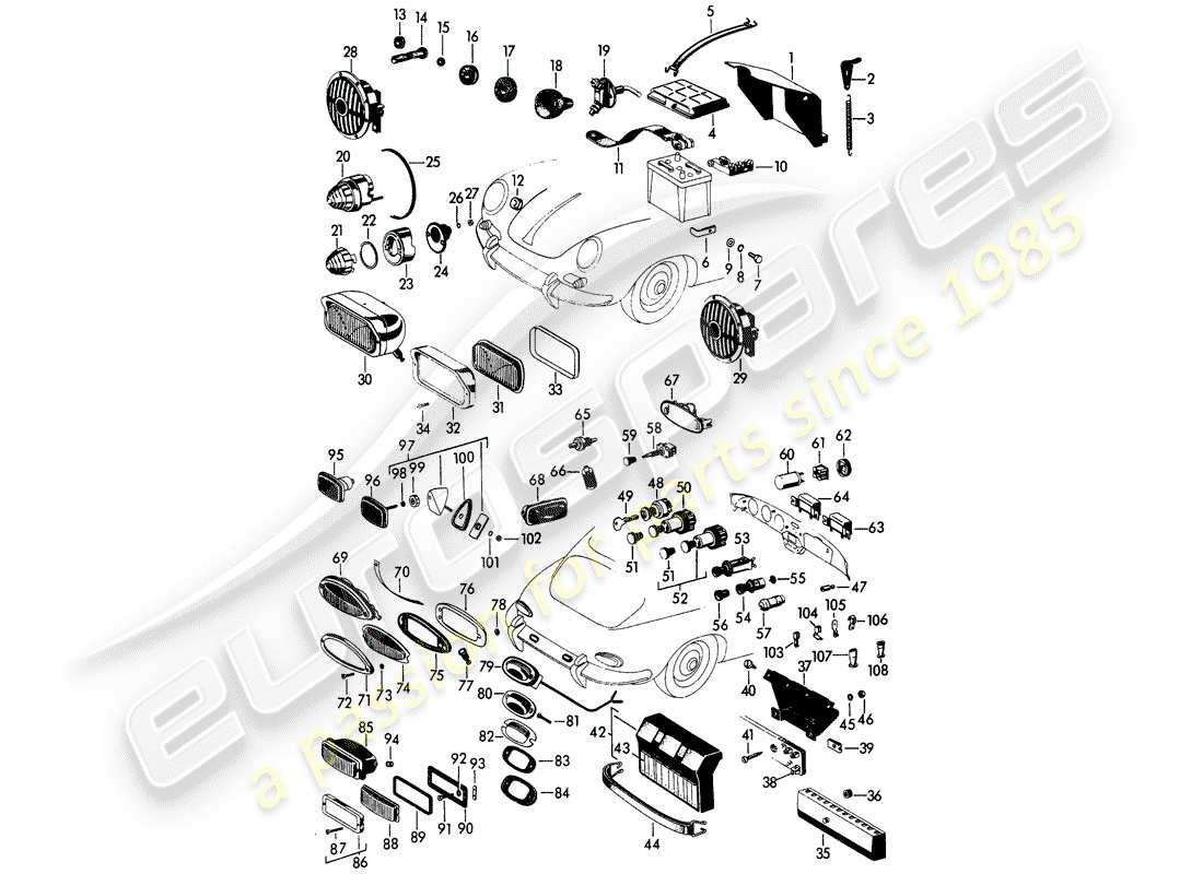 porsche 1963 (356b/356c) scheinwerfer - und - schalter - batterie ersatzteildiagramm