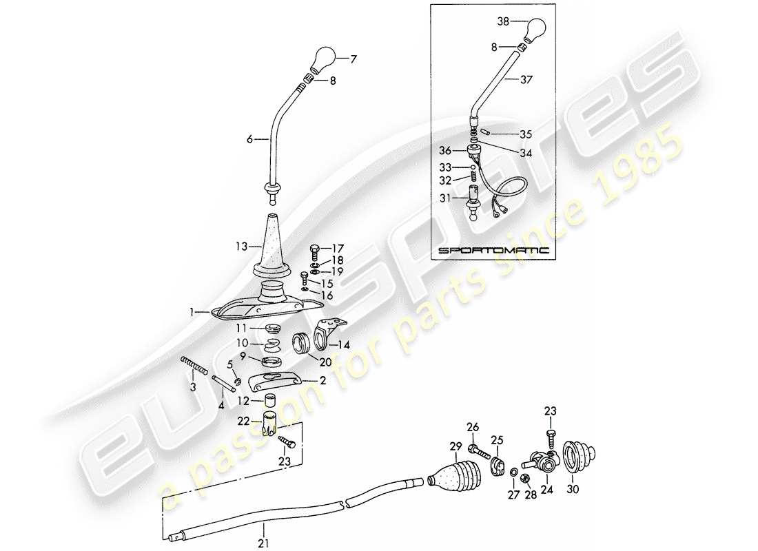 porsche 1969 (911/912) getriebesteuerung - teilediagramm