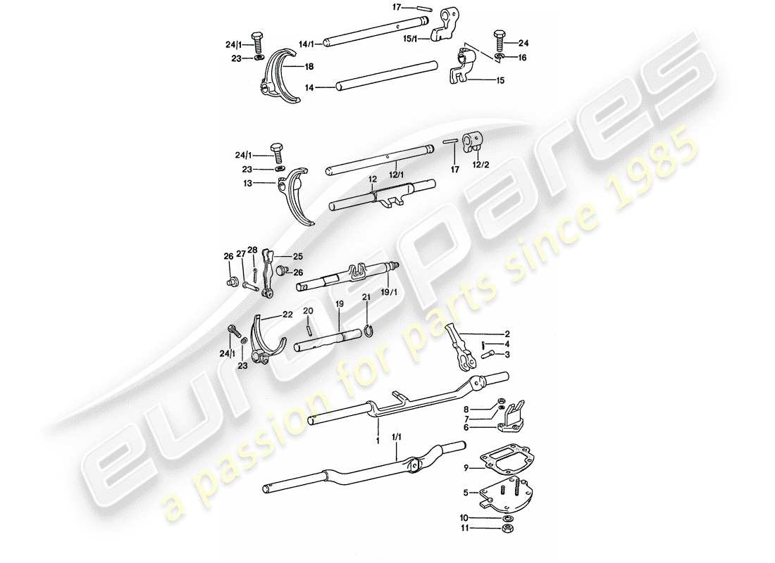 porsche 1975 (911) schaltstangen - schaltgabeln ersatzteildiagramm