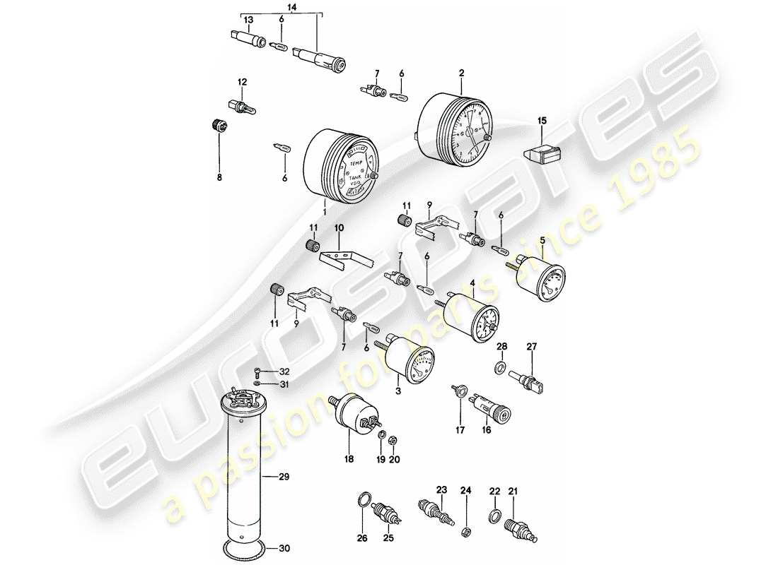 porsche 1988 (924s) instrumentenkombi - sensor ersatzteildiagramm