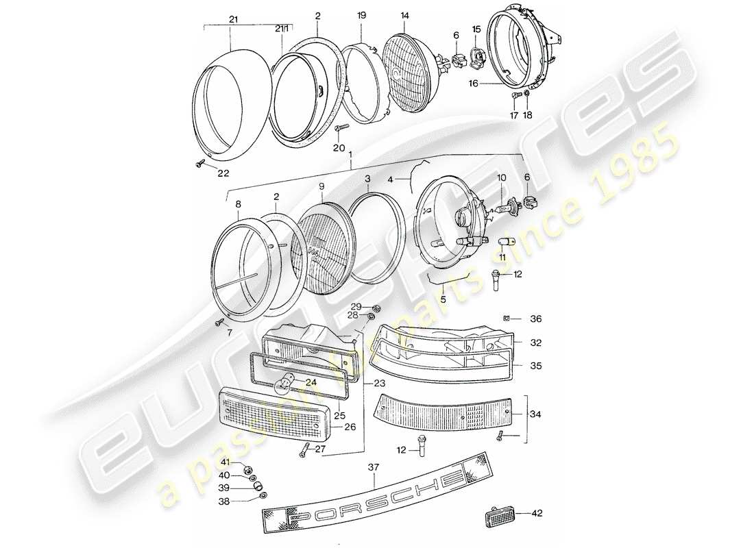 porsche 1974 (911) scheinwerfer - beleuchtung ersatzteildiagramm