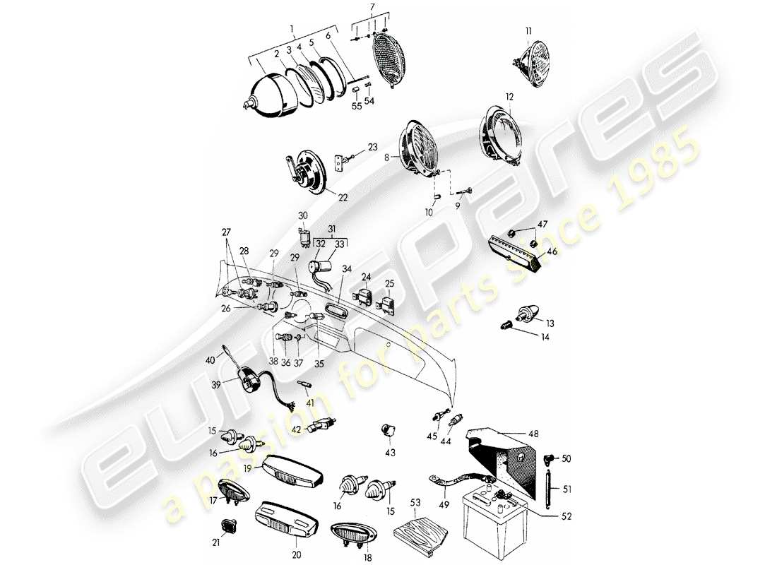 porsche 1954 (356/356a) scheinwerfer - lichter - und - schalter - batterie ersatzteildiagramm