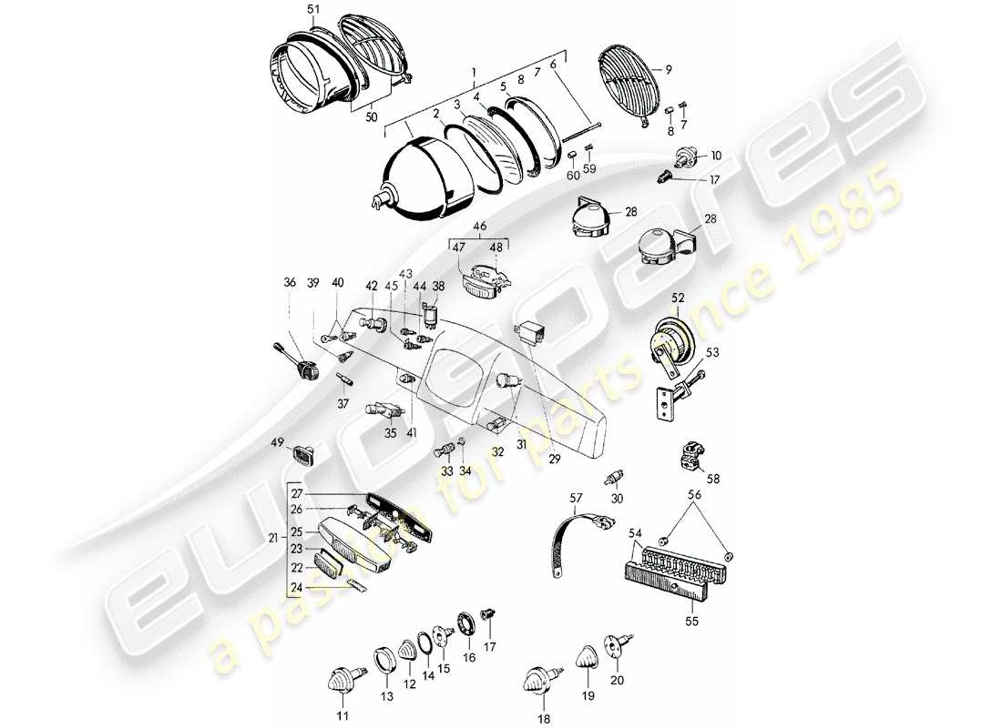 porsche 1959 (356/356a) scheinwerfer - und - schalter ersatzteildiagramm