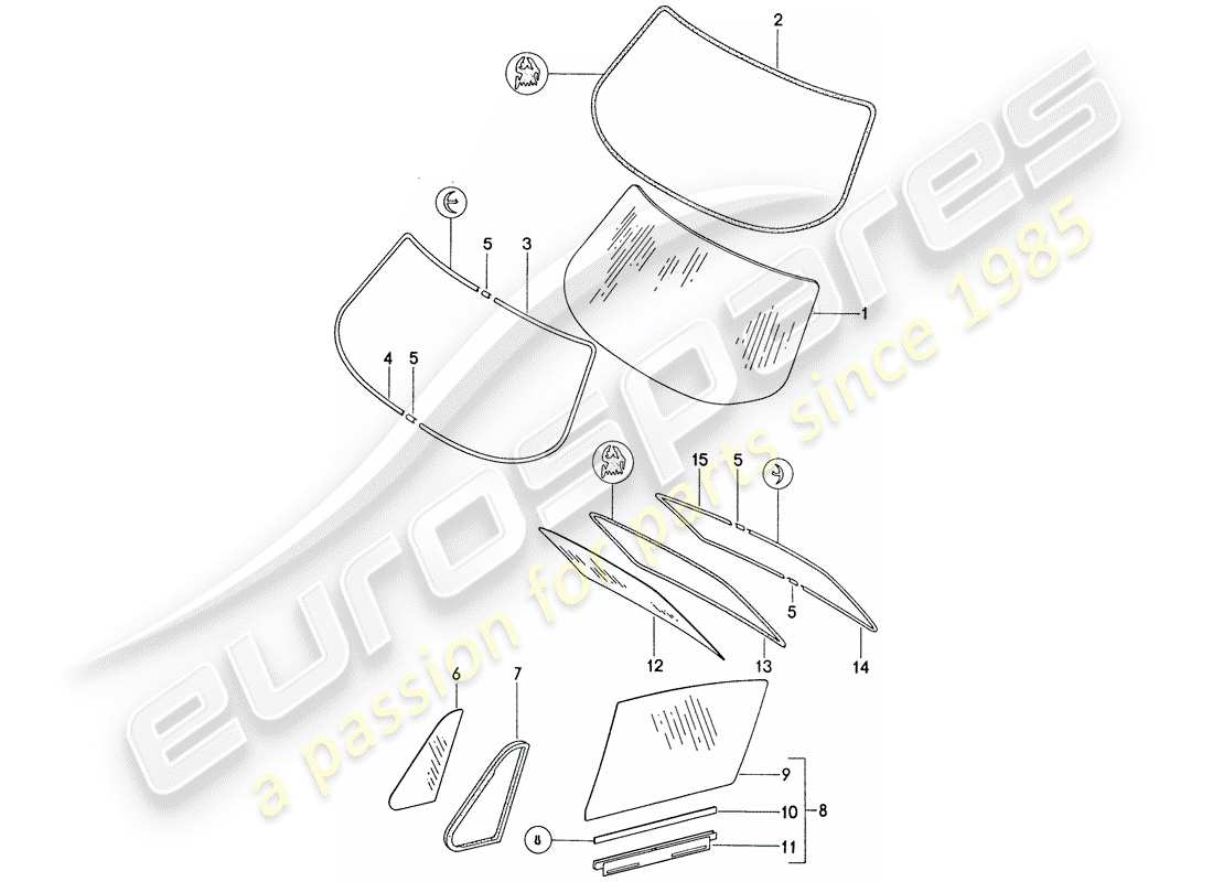 porsche 1976 (911) fensterverglasung ersatzteildiagramm