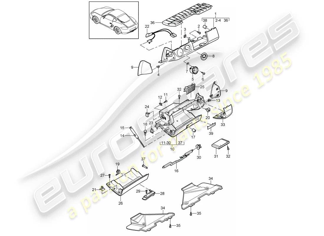 porsche 2010 (987 cayman) handschuhfach-ersatzteildiagramm