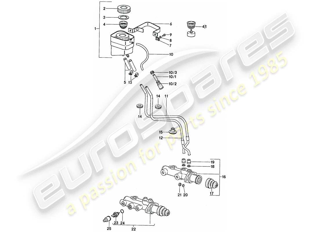 porsche 1974 (911) hauptbremszylinder - für fahrzeuge ohne bremskraftverstärker ersatzteildiagramm