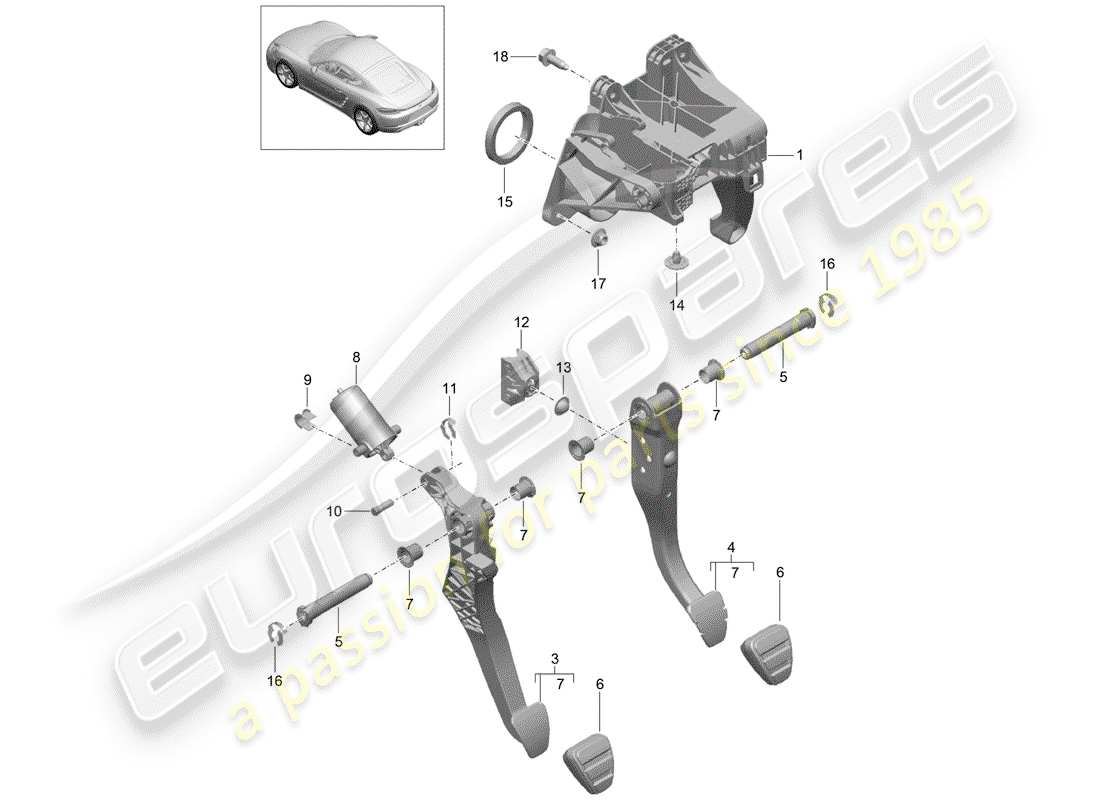 porsche 718 cayman (2020) brems- und beschleunigungspedalbaugruppe teilediagramm