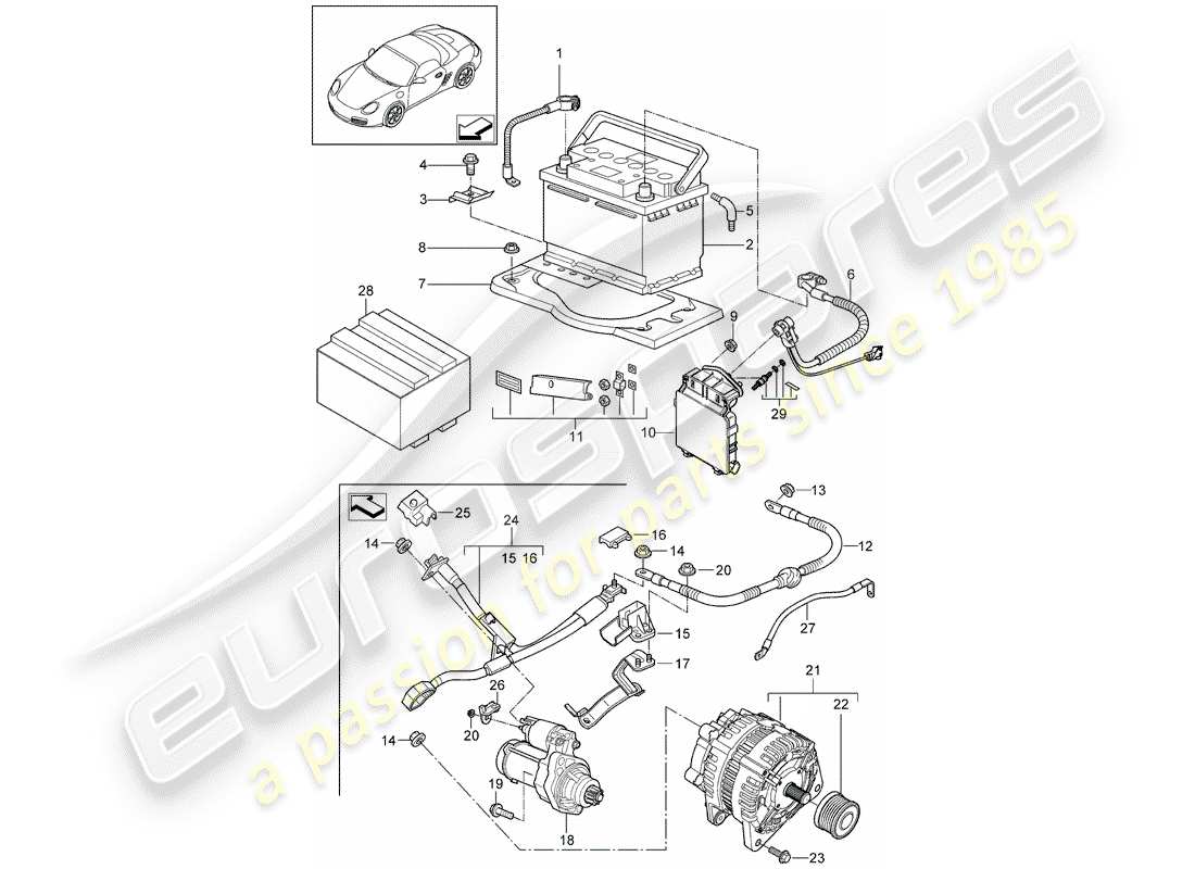 porsche 2009 (987 boxster) batterie teilediagramm