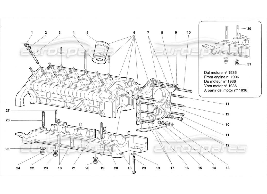lamborghini diablo sv (1998) teilediagramm für kurbelgehäuse und untere halterung