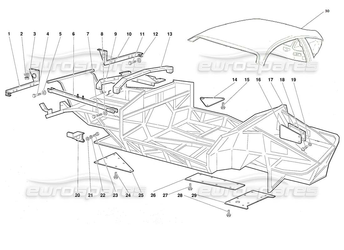 lamborghini diablo (1991) rahmenelemente - teilediagramm