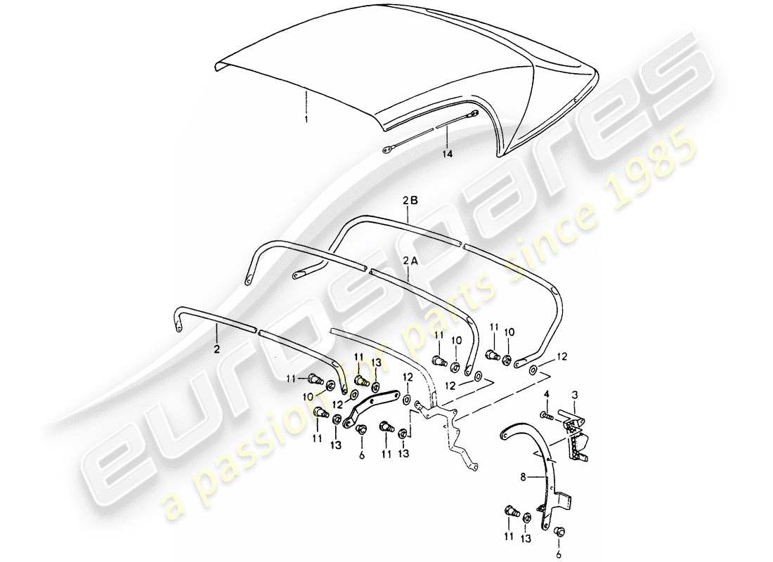 porsche 1992 (964) cabrio-verdeck - verdeckrahmen - einzelteile ersatzteildiagramm