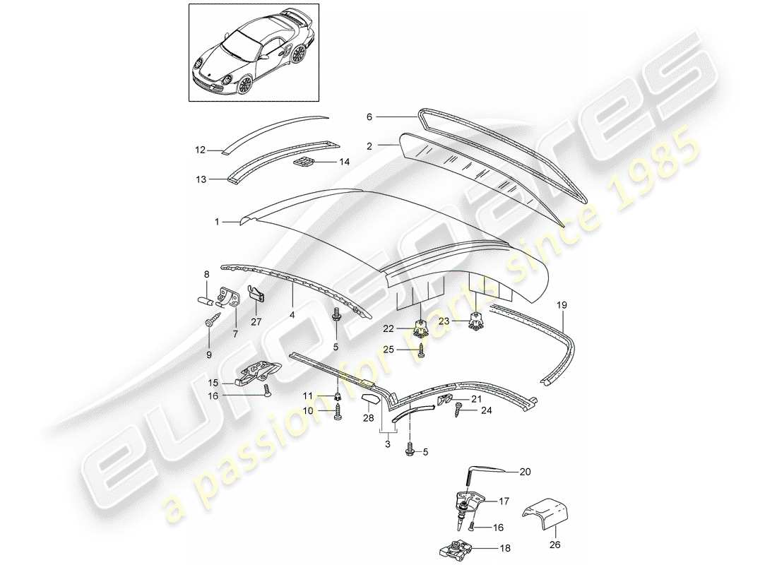 porsche 2007 (997-1 turbo / gt2) hardtop-ersatzteildiagramm
