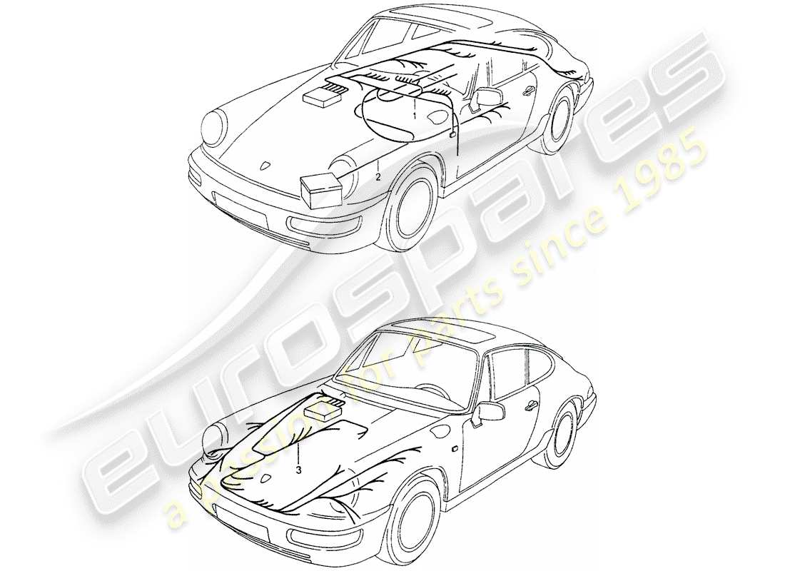 porsche 1991 (964) kabelbäume - fahrgastraum - starterbatterie - vorderer gepäckraum ersatzteildiagramm