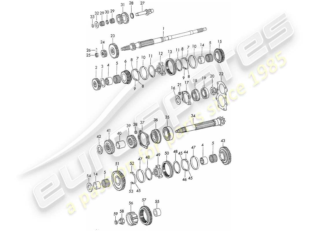 porsche 1971 (911) zahnräder und wellen - 4-speed - getriebe - d - mj 1972>> ersatzteildiagramm