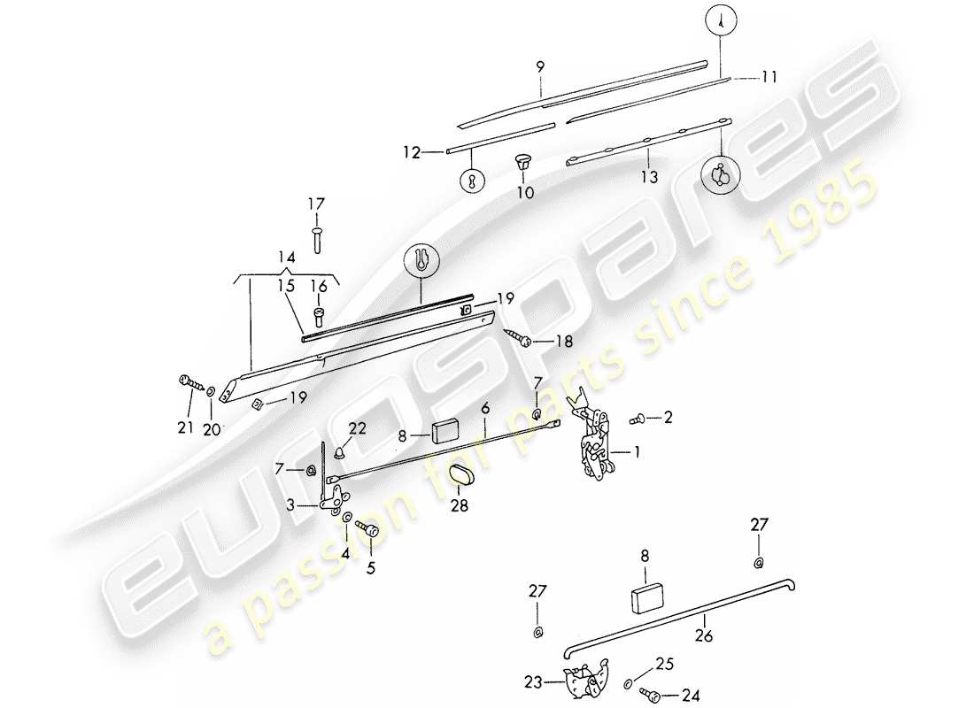 porsche 1971 (911) türverriegelung - mit einbauteilen ersatzteildiagramm