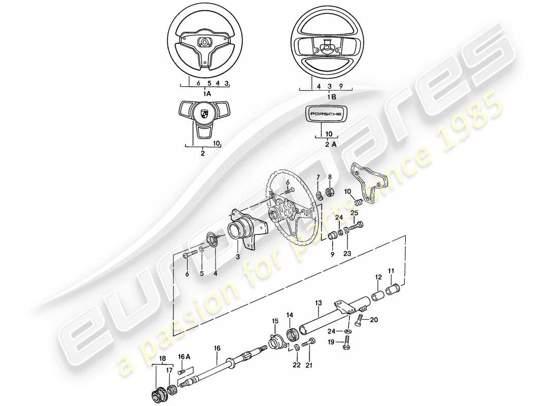 porsche 1987 (924s) lenkrad - lenksäule ersatzteildiagramm
