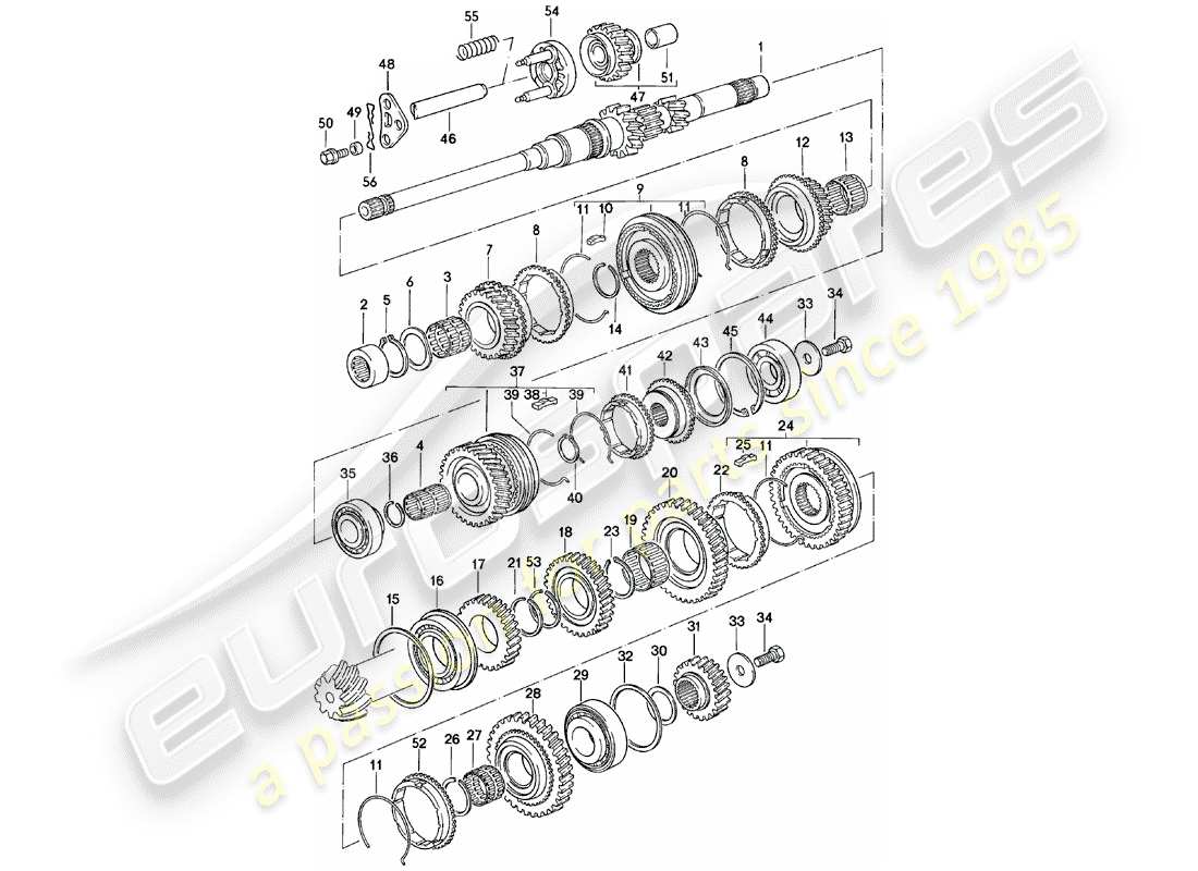 porsche 1984 (924) zahnräder und wellen - schaltgetriebe - vq vr uv md - me mf mb mx - d - mj 1981>> ersatzteildiagramm