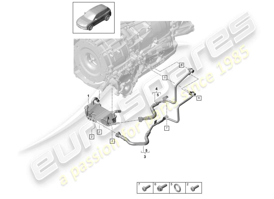 porsche 2018 (cayenne e3 9ya/9yb) 8-speed automatikgetriebe für fahrzeuge mit hybridantrieb getriebeölkühler ölleitung teilediagramm