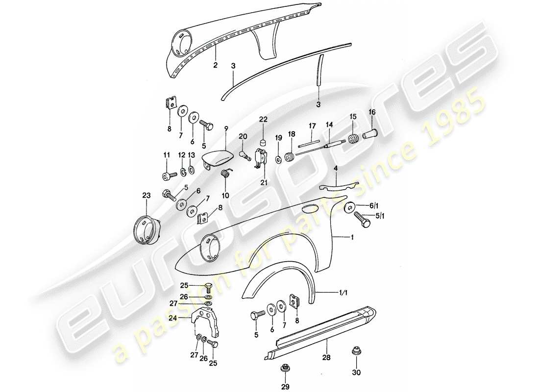 porsche 1975 (911) außenverkleidung - ersatzteildiagramm