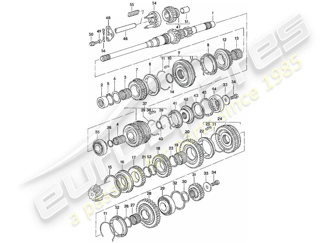 porsche 924 (1980) gears and shafts - manual gearbox - vq vr uv md - me mf mb mx - d - mj 1981>> part diagram