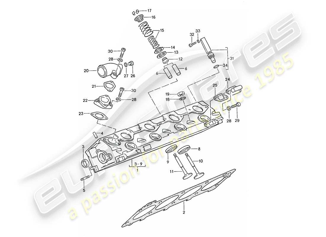 porsche 1991 (944) zylinderkopf - ventile ersatzteildiagramm