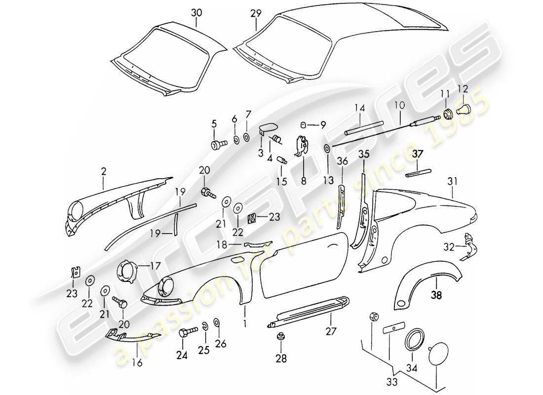 porsche 1970 (911) außenverkleidung - ersatzteildiagramm