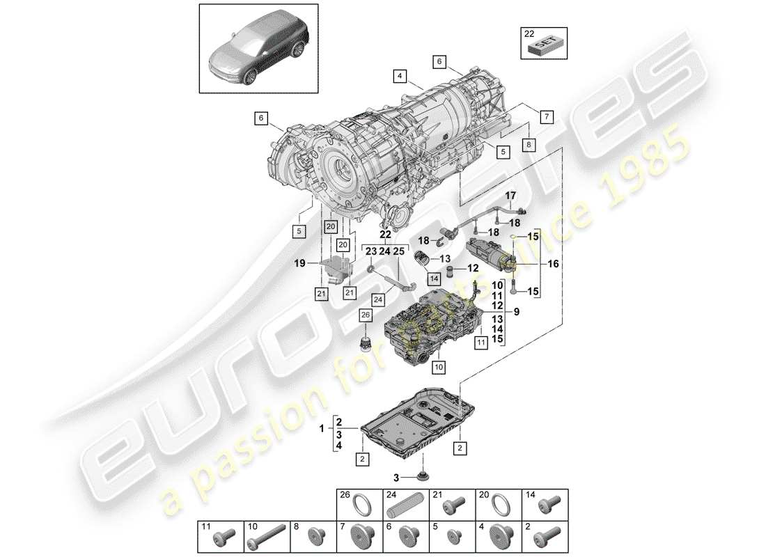 porsche 2018 (cayenne e3 9ya/9yb) 8-speed automatikgetriebe teilediagramm