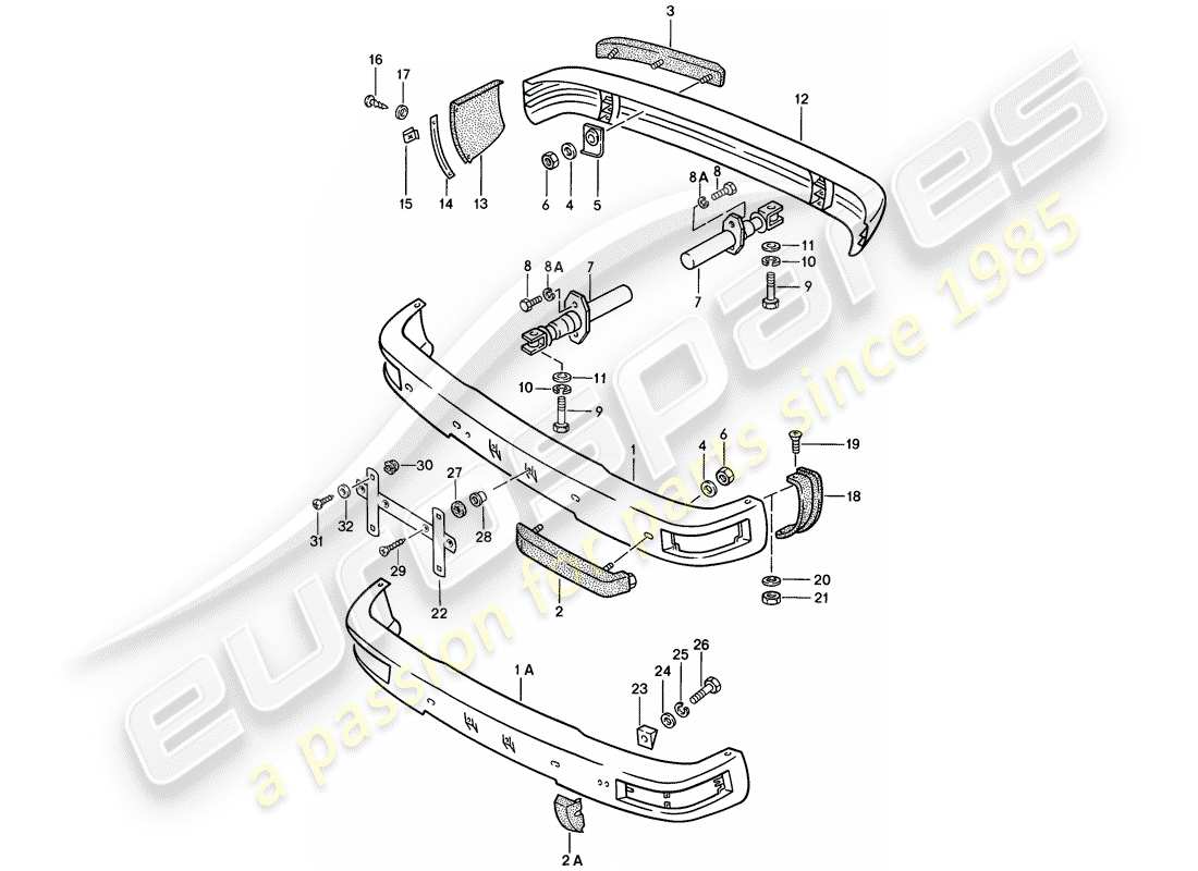 porsche 1976 (924) stossfänger - mit: - puffer ersatzteildiagramm