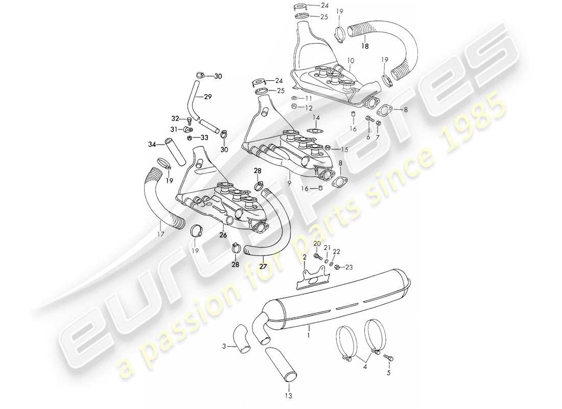 porsche 1972 (911) auspuffanlage teilediagramm