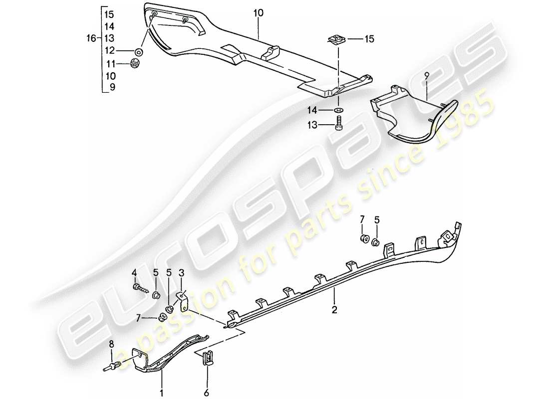 porsche 1989 (944) seitenträgerverzierung – geflügelte heckschürze teilediagramm