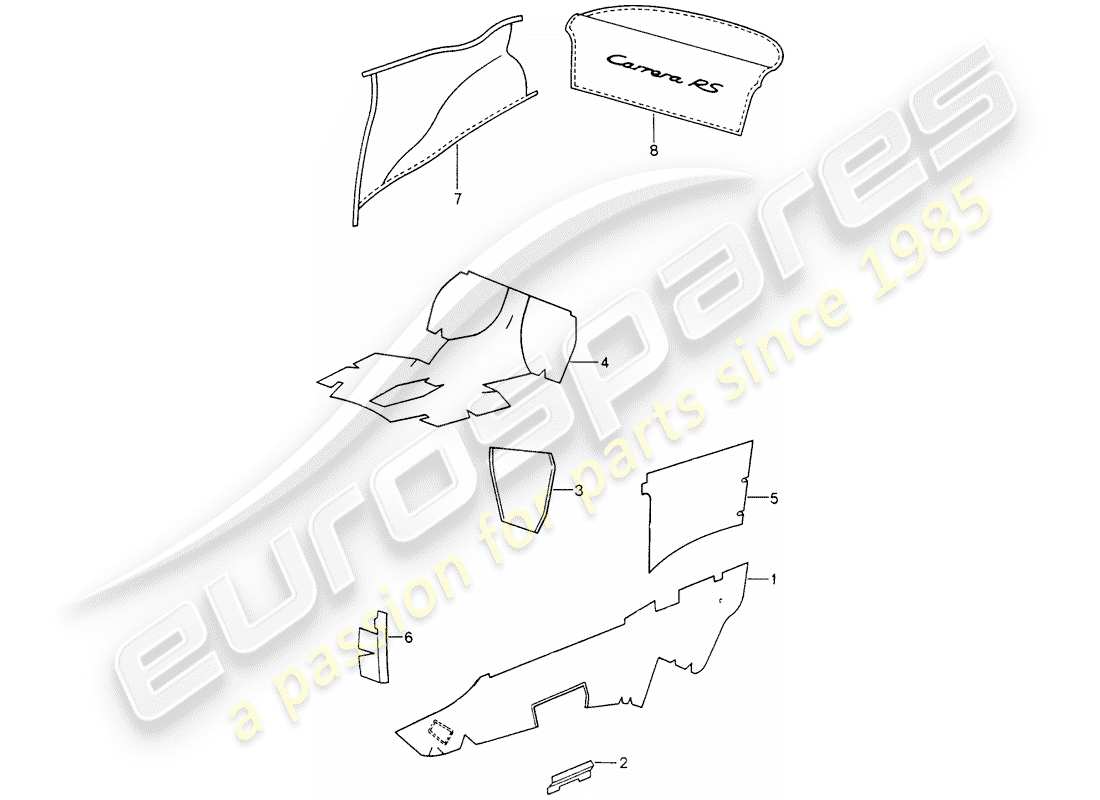 porsche 1996 (993) innenausstattung - klebeteppich ersatzteildiagramm