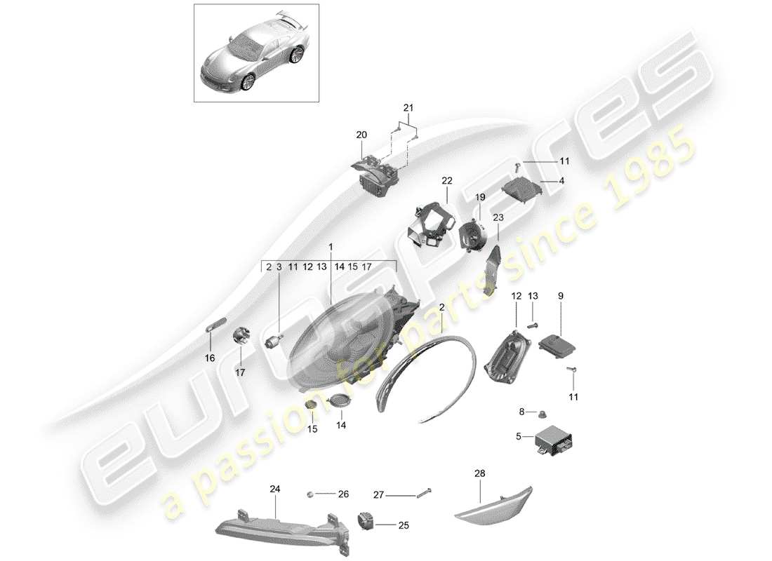 porsche 2015 (991-1 r/gt3/rs) scheinwerfer-teilediagramm
