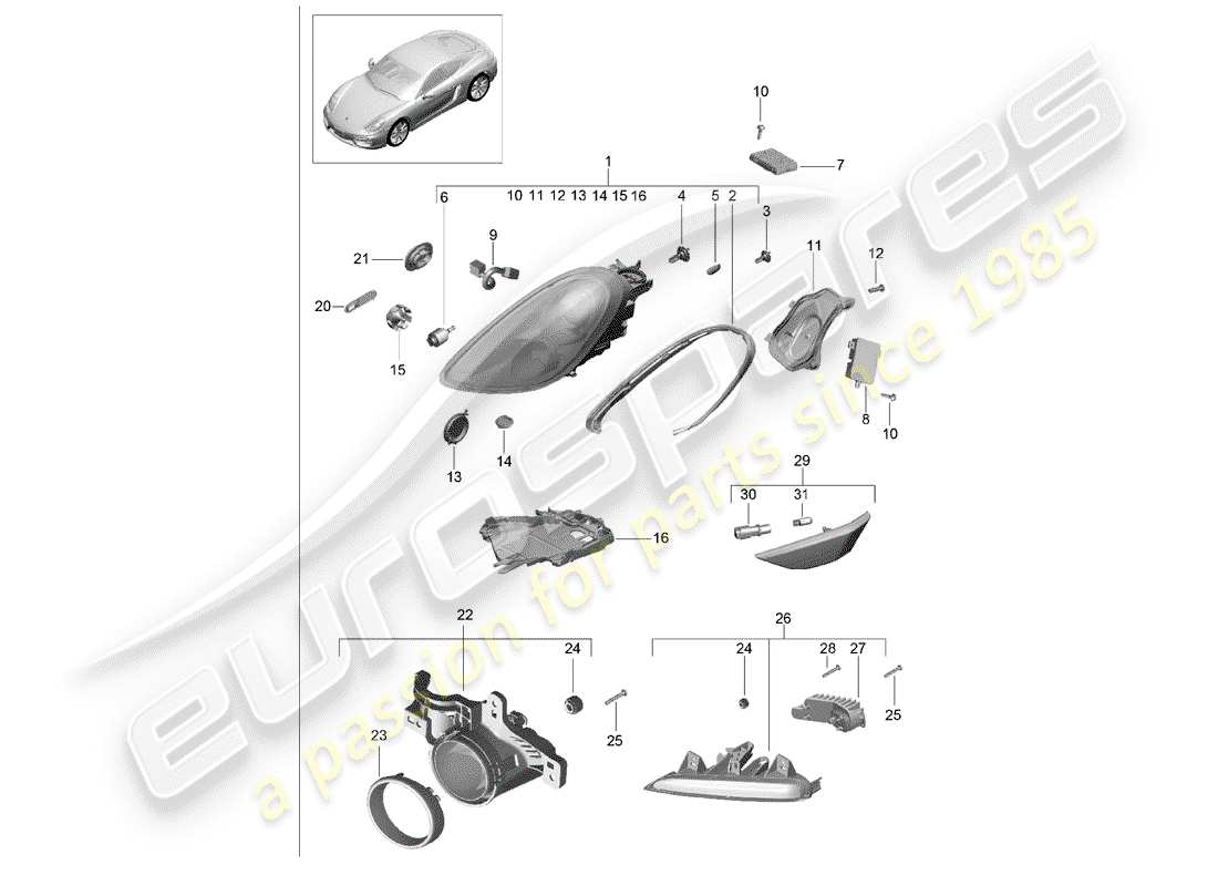 porsche 2015 (981 cayman) scheinwerfer-teilediagramm