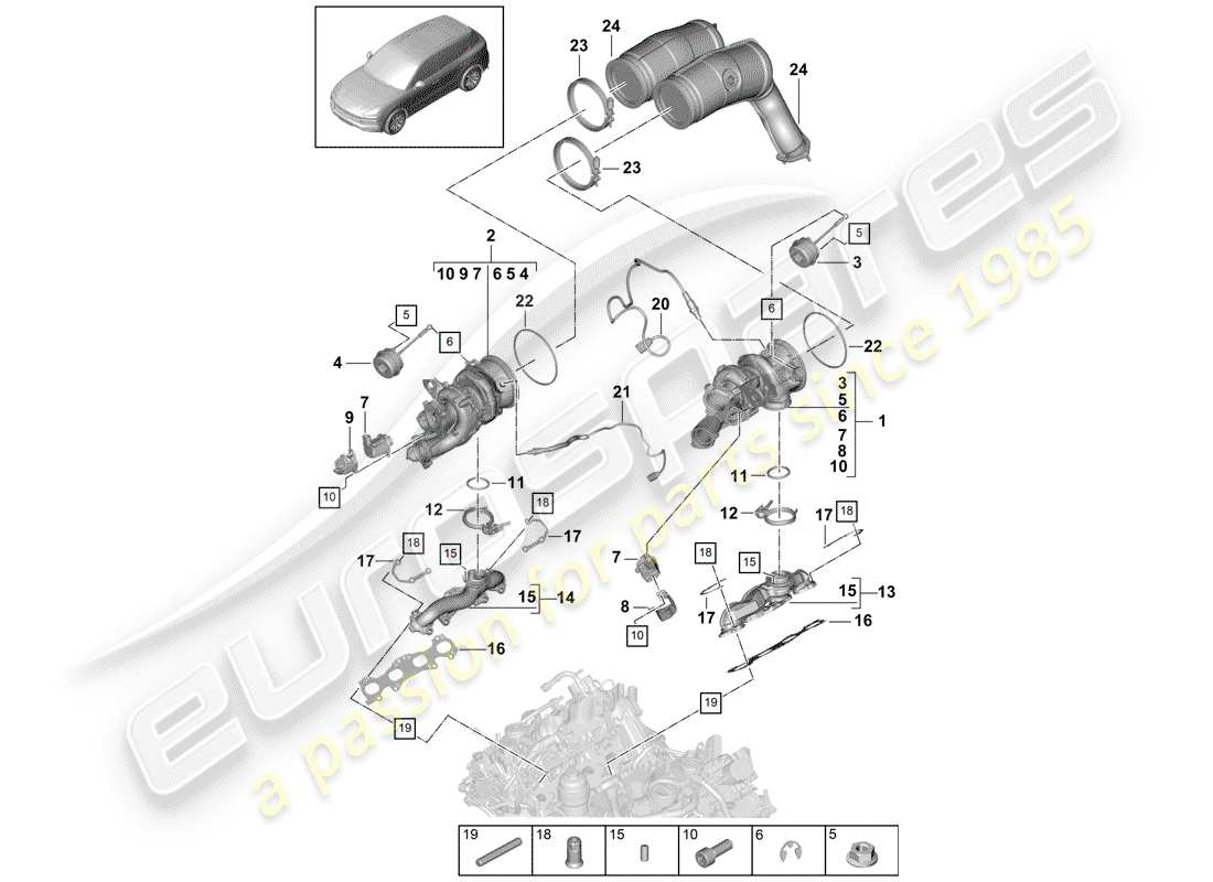 porsche 2020 (cayenne e3 9ya/9yb) abgasturbolader teilediagramm