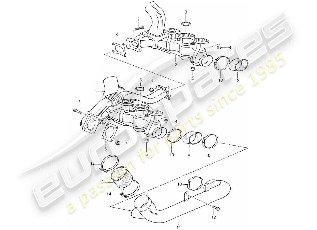 porsche 1993 (964) auspuffanlage - heizkern teilediagramm