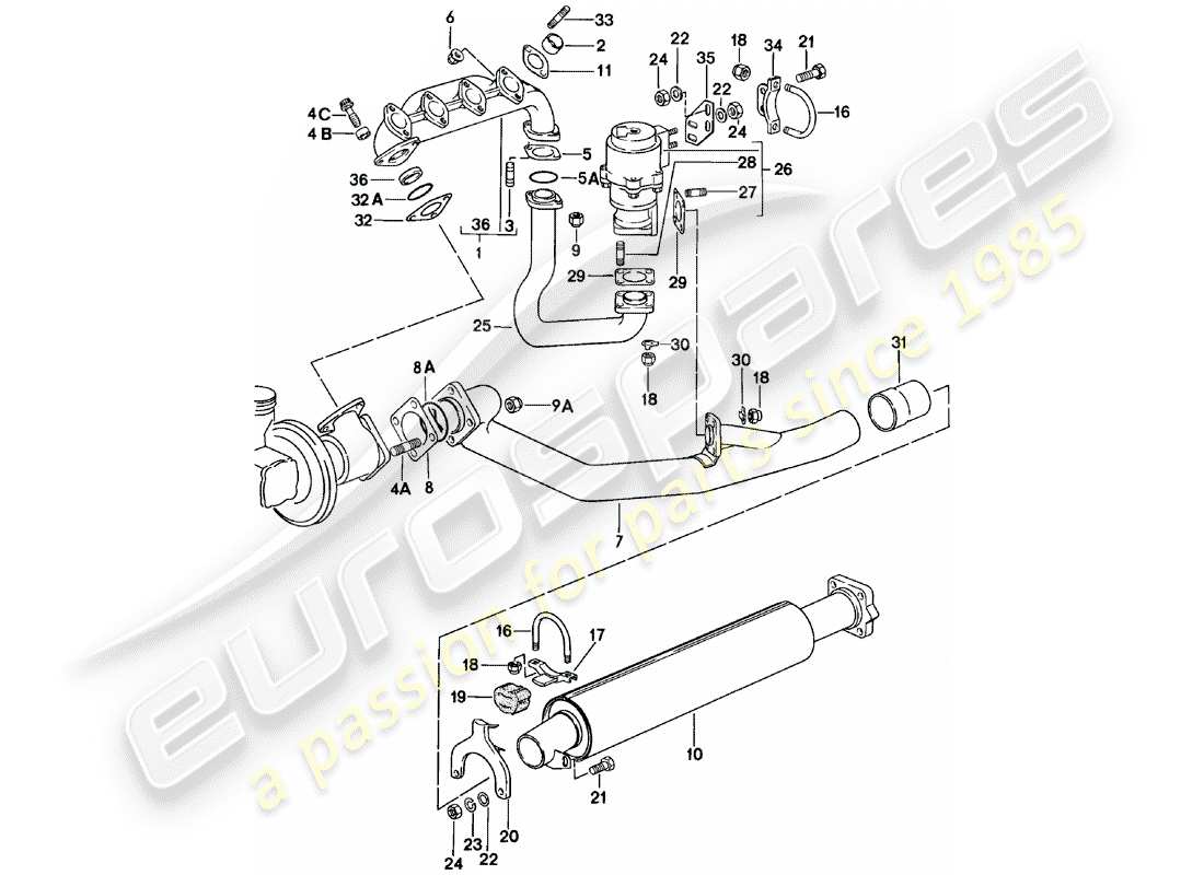 porsche 1982 (924) auspuffanlage - auspuffschalldämpfer, vorne ersatzteildiagramm