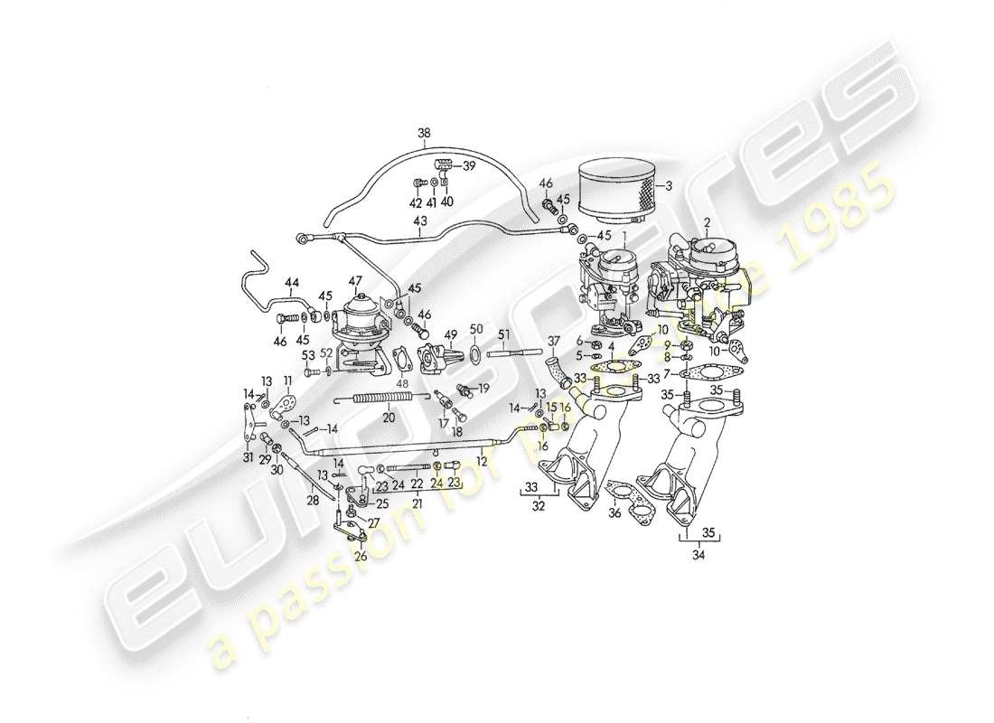 porsche 1958 (356/356a) vergaser - solex 32pbj - solex 40pjcb - und - kraftstoffzufuhrleitung ersatzteildiagramm