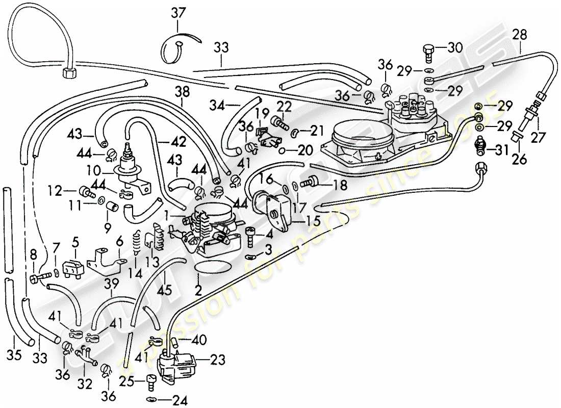 porsche 1973 (911) einspritzsystem - mit: - kraftstoffleitung - ventilen - klappendüse - und - warmlaufventil - d - mj 1972>> ersatzteildiagramm