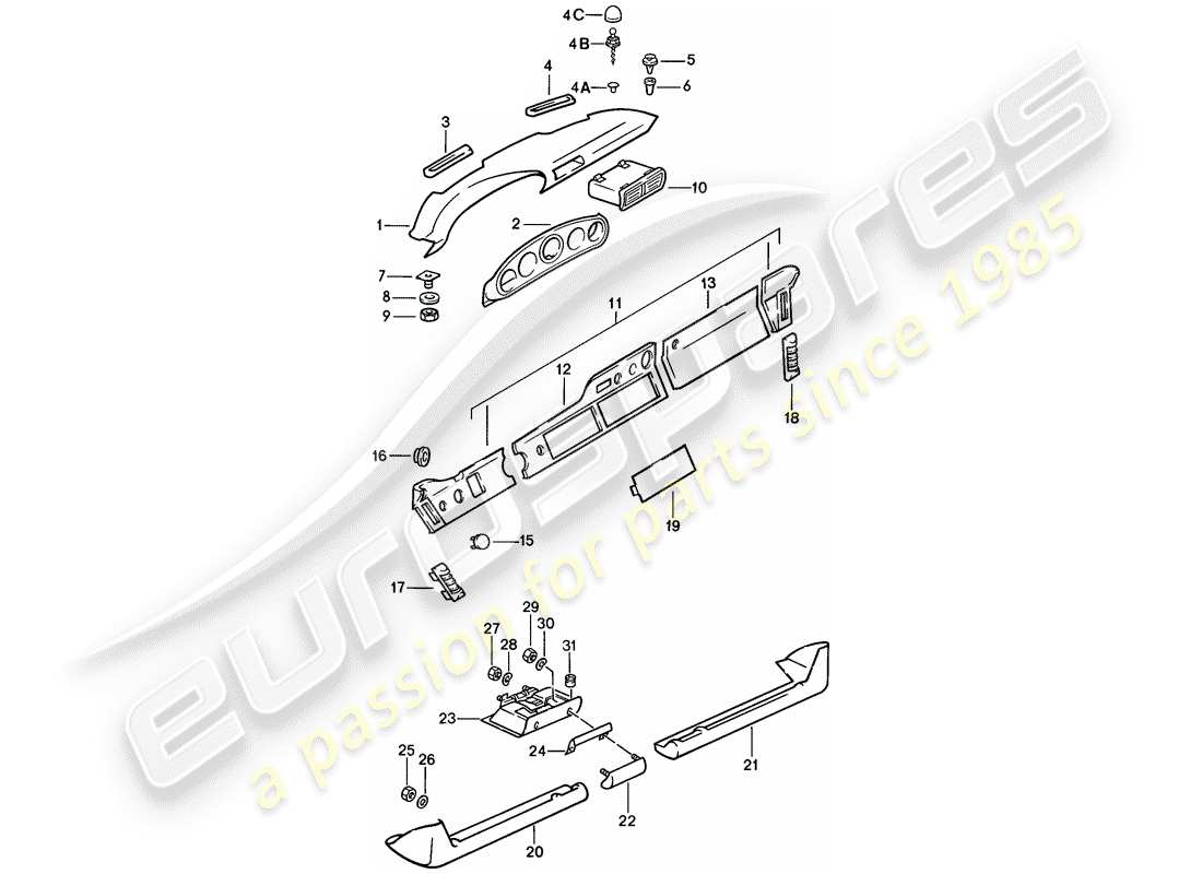 porsche 1985 (911) armaturenbrettverkleidung - mit einbauteilen - d >> - mj 1985 ersatzteildiagramm