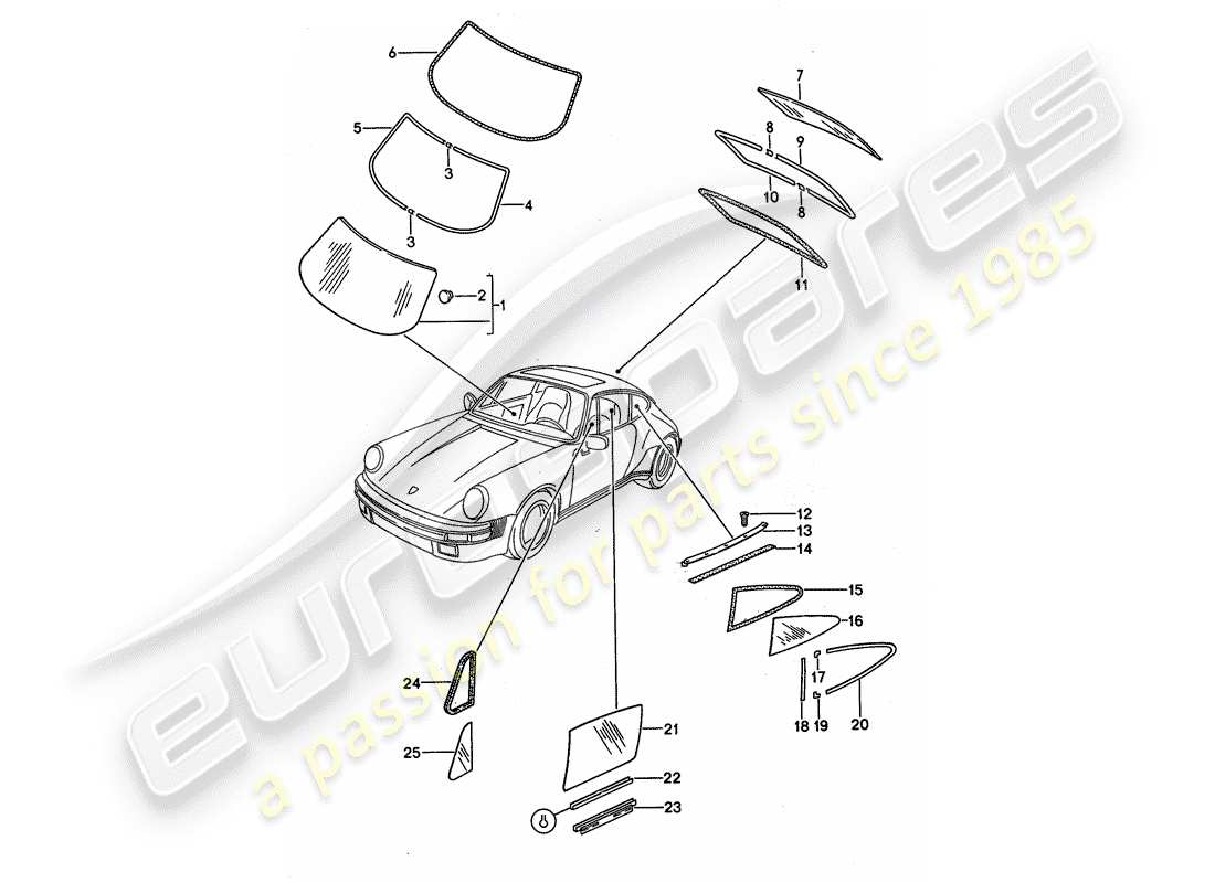 porsche 1987 (911) fensterverglasung ersatzteildiagramm