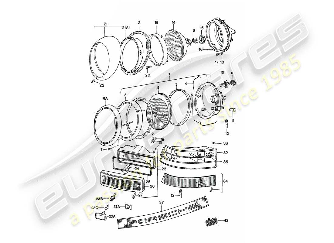 porsche 1985 (911) scheinwerfer - beleuchtung ersatzteildiagramm