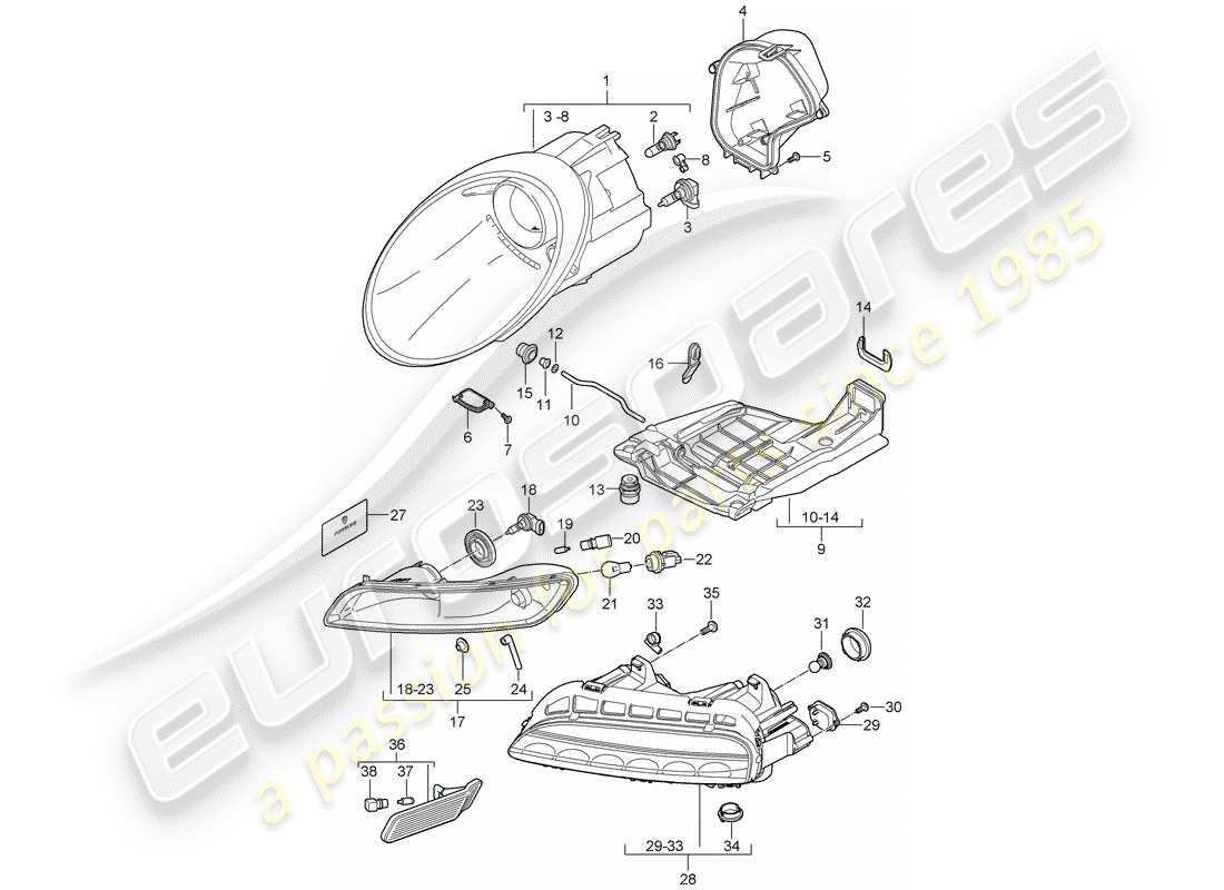 porsche 2009 (997-2 gt3) scheinwerfer-teilediagramm