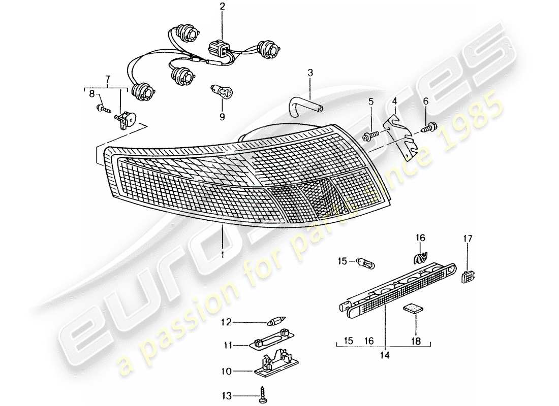 porsche 2000 (996) rücklicht - kennzeichenlicht - zusätzliches bremslicht teilediagramm