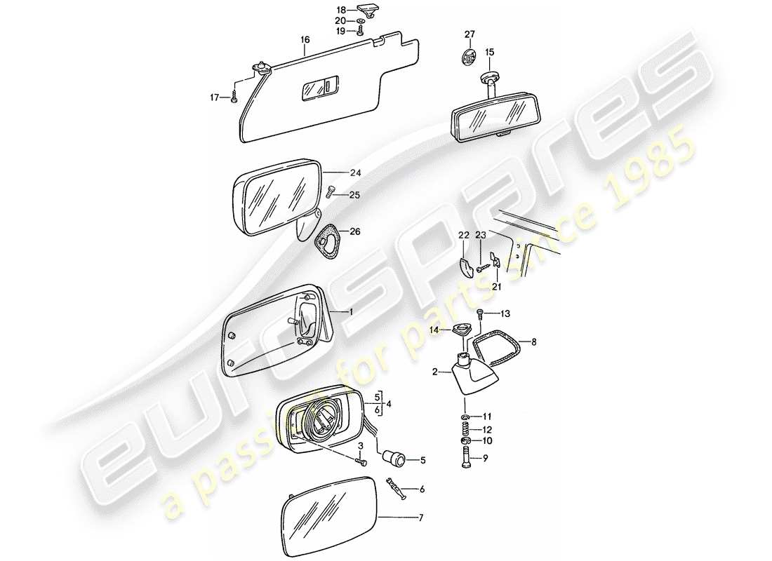 porsche 1989 (944) sonnenblende - rückspiegel - rückspiegel innen teilediagramm