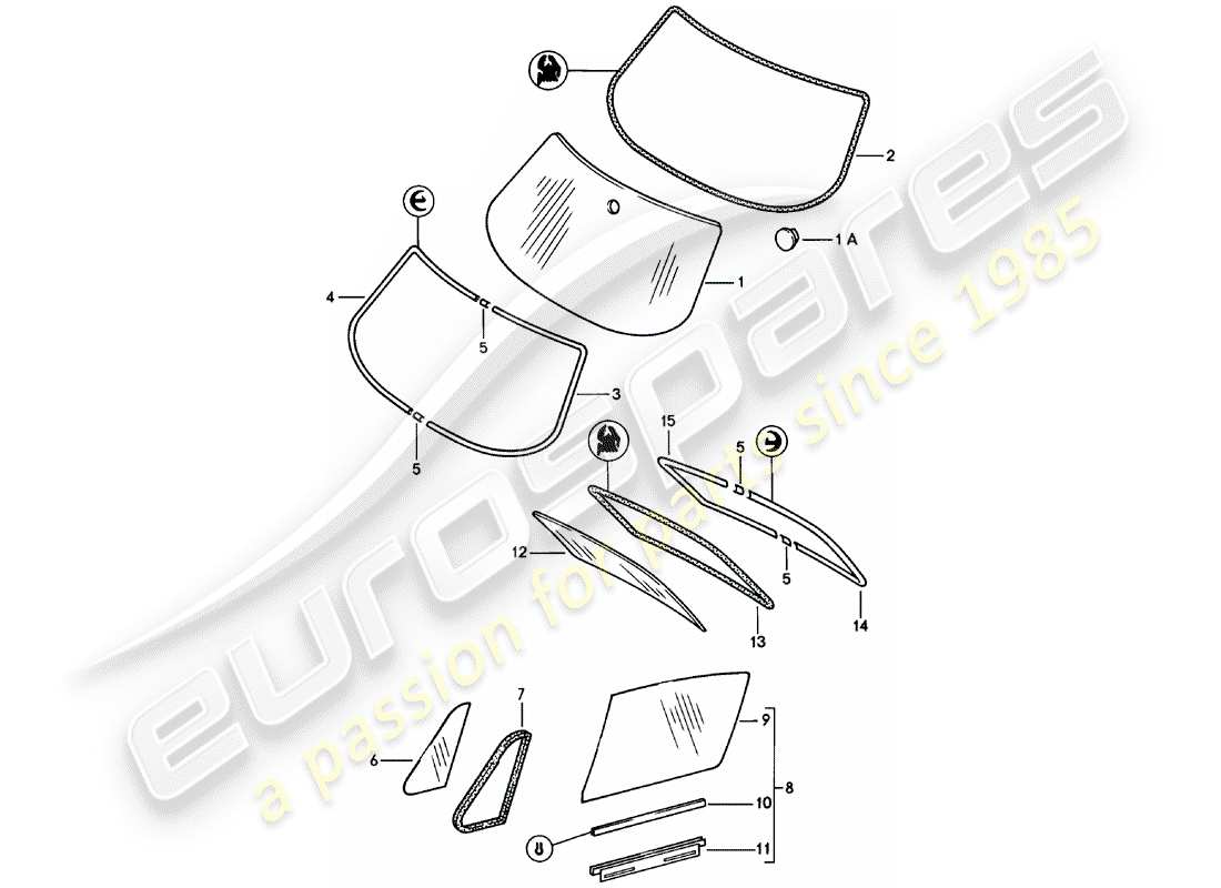porsche 1982 (911) fensterverglasung ersatzteildiagramm