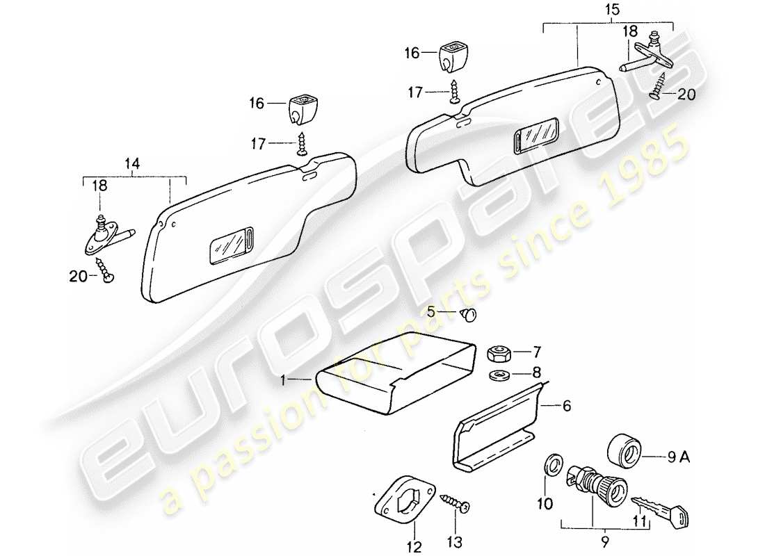 porsche 1988 (959) handschuhfach - sonnenblende ersatzteildiagramm
