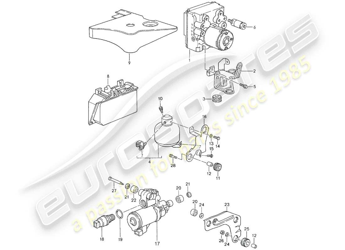 porsche 1994 (993) hydraulikaggregat - anti-blockiersystem -abs- - steuerung - siehe technische informationen - gr.4 nr3/94 ersatzteildiagramm